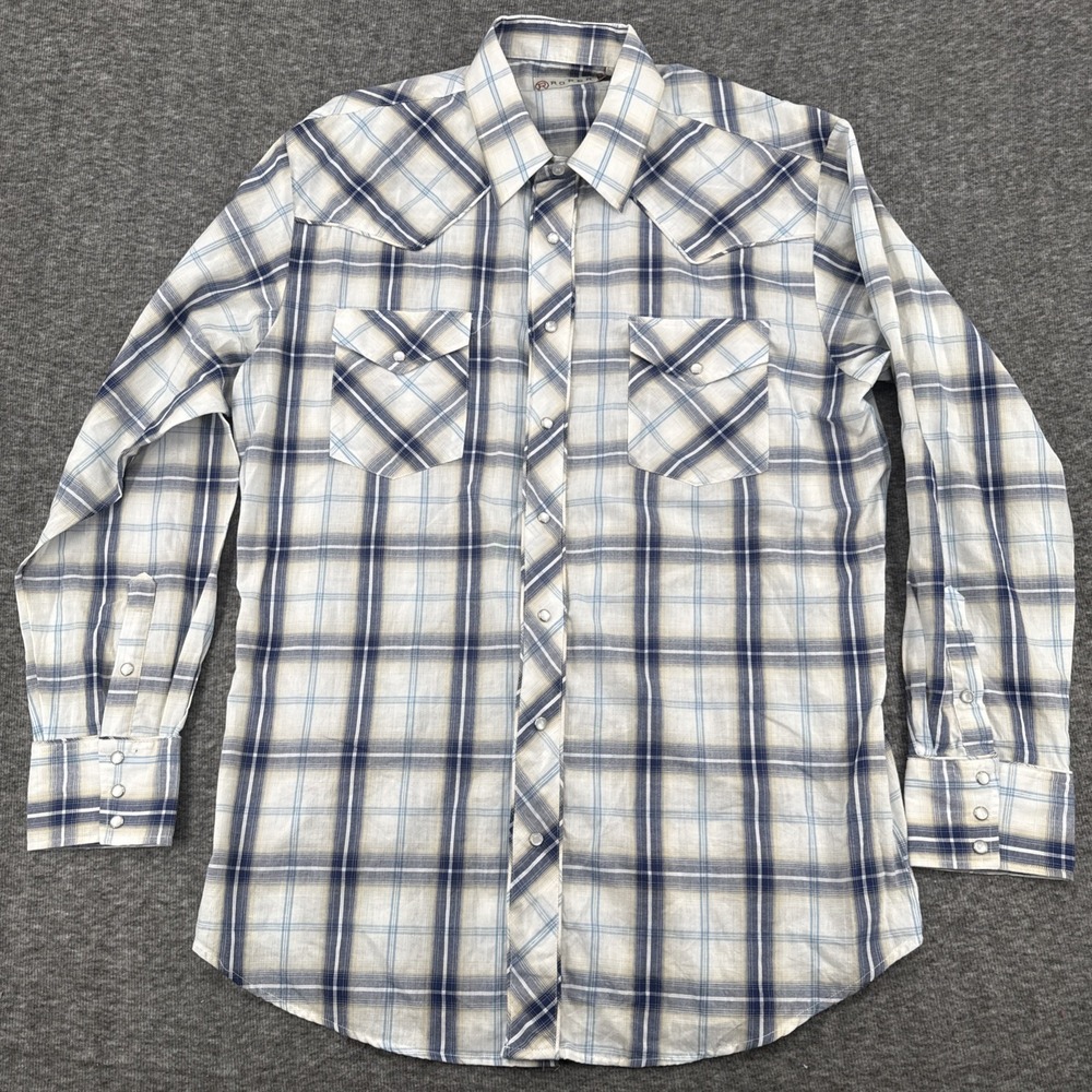 Roper Western Shirt Mens XL Pearl Snap Plaid Horseshoe Embroidered Back Yoke